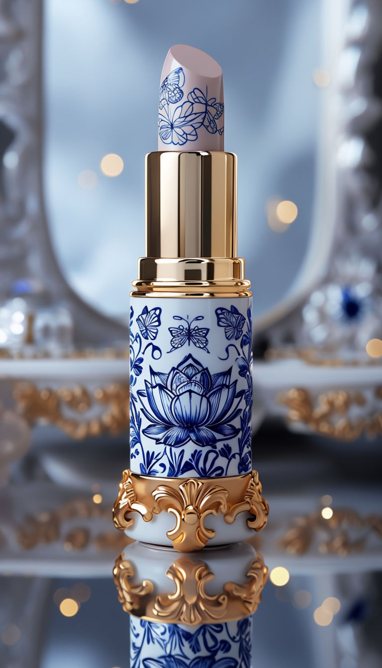 Luxurious Ornate Blue Floral Lipstick Tube Close-Up Art