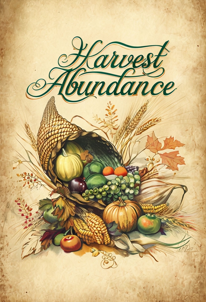 Vintage Harvest Abundance Thanksgiving Poster with Cornucopia and Autumn Leaves