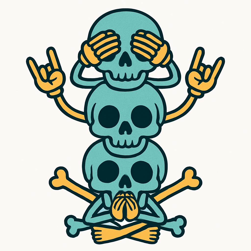 Playful Cartoon Skull Illustration with Hands and Bones Sticker