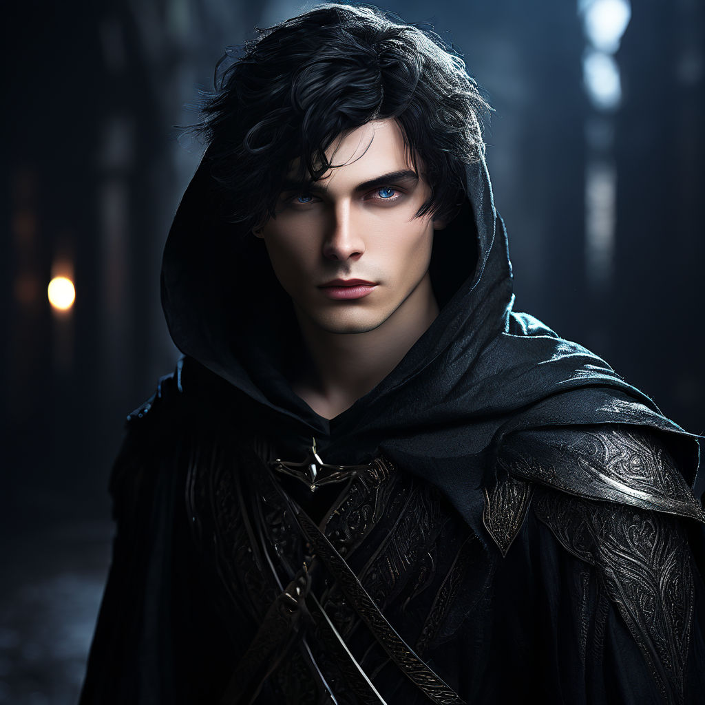 anime guy with black hair blue eyes in a black cloak