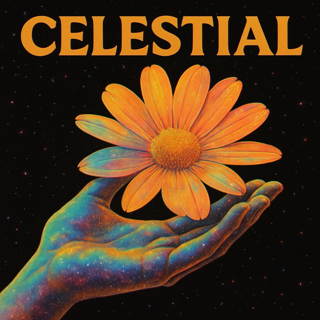 Celestial Orange Daisy with Cosmic Hand Illustration Spotify Album Cover