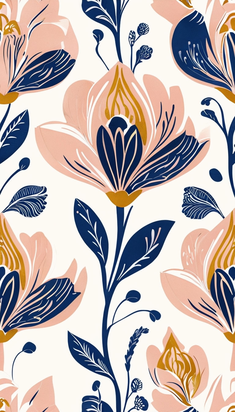 Stylized Floral Pattern in Navy Blue and Peach for Phone Case Cover