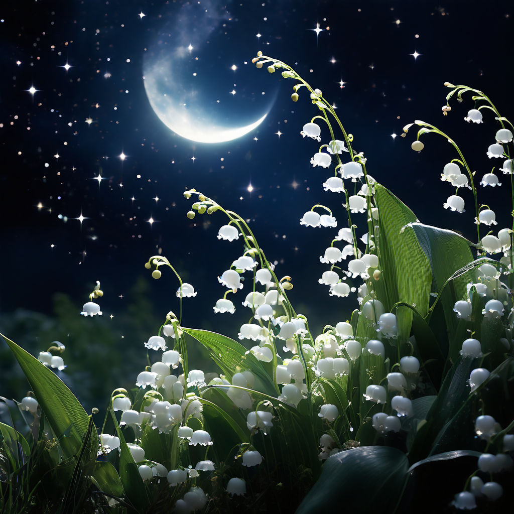 Prompt: lily of the valley is wound around the crescent in the night sky