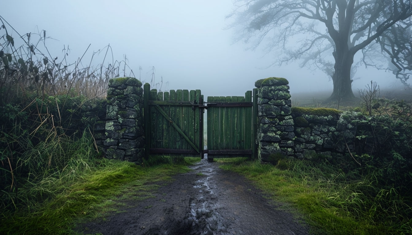 Mysterious Rustic Wooden Gate Surrounded by Fog Virtual Background