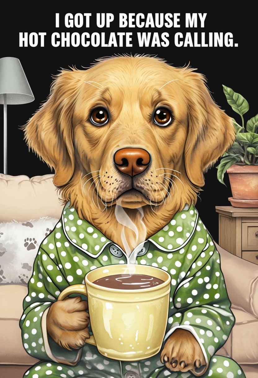 Humorous Golden Retriever in Pajamas with Hot Chocolate Poster