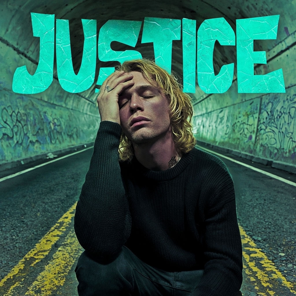 Contemplative Young Man in Urban Tunnel with Justice Text Spotify Album Cover