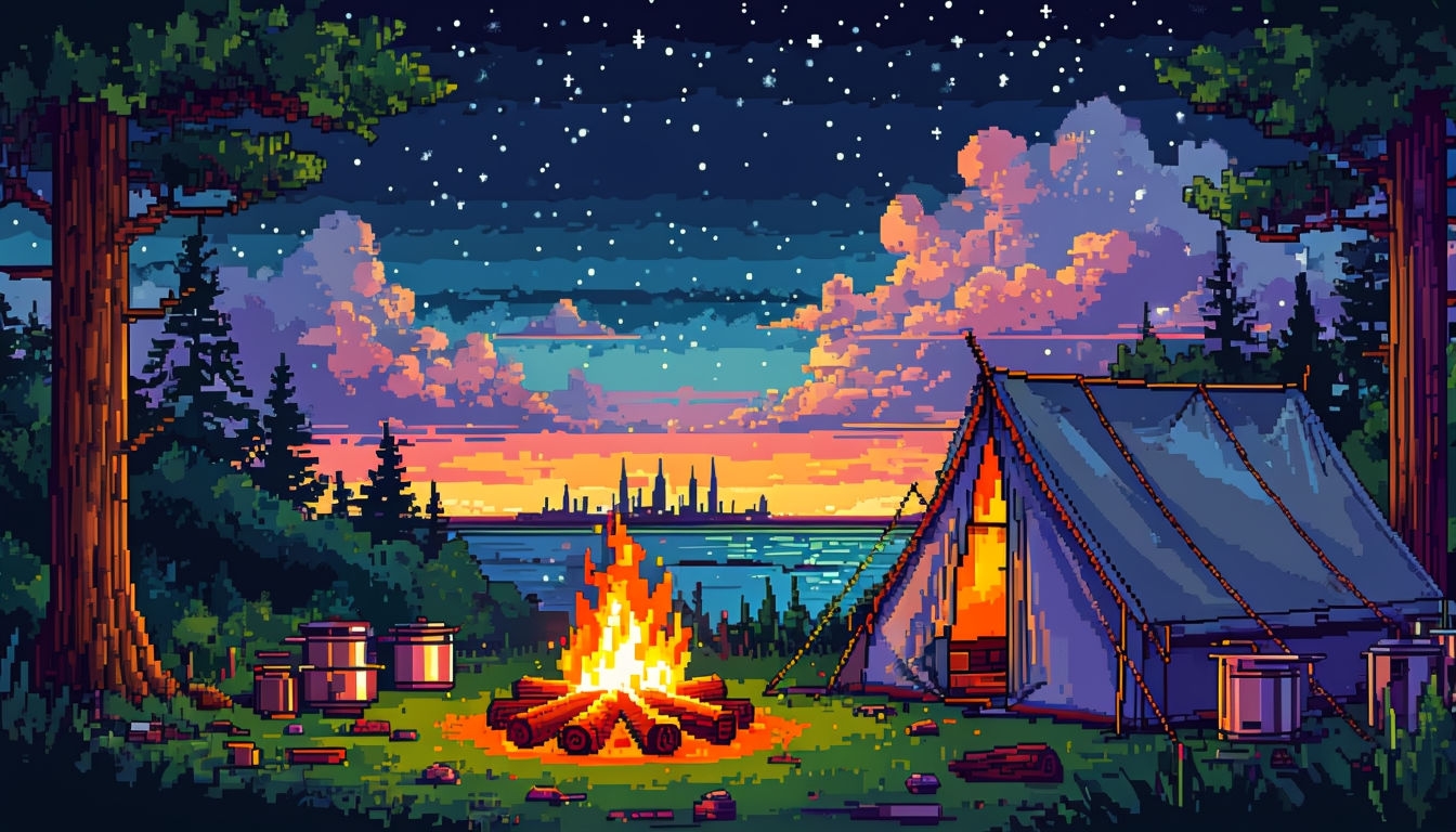 Pixelated Twilight Camping Scene with Campfire Virtual Background