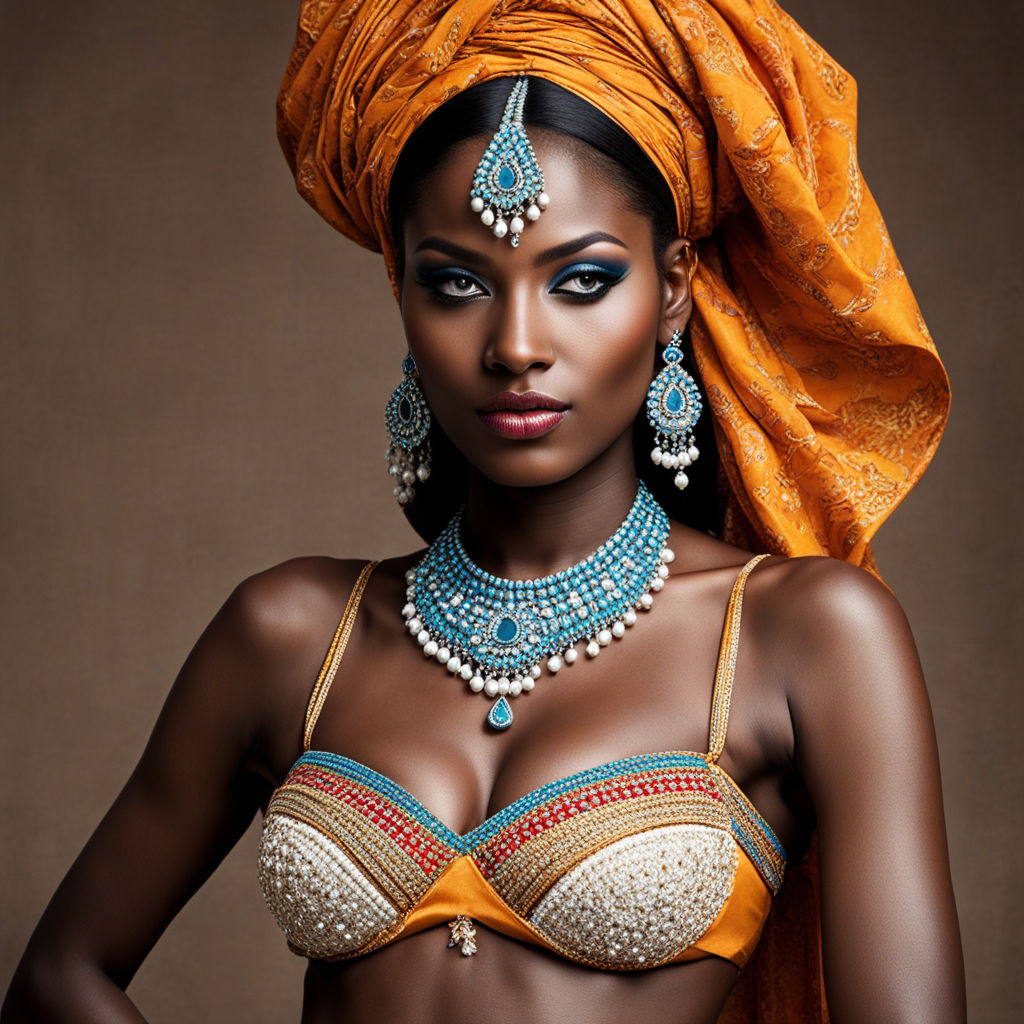 a 40 year old muscular african woman wearing transparent saree and leather  bra and standing and showing cleavage