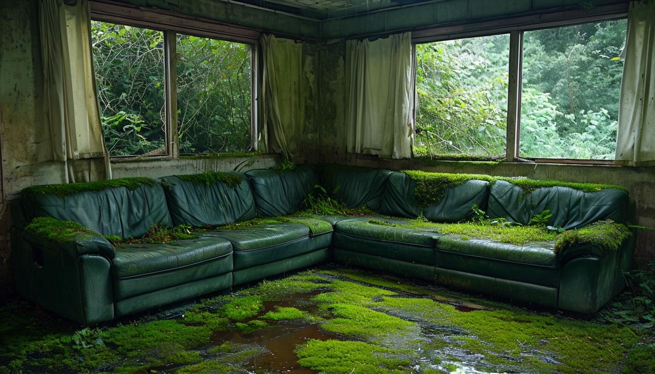 Abandoned Room with Overgrown Green Sofa Virtual Background