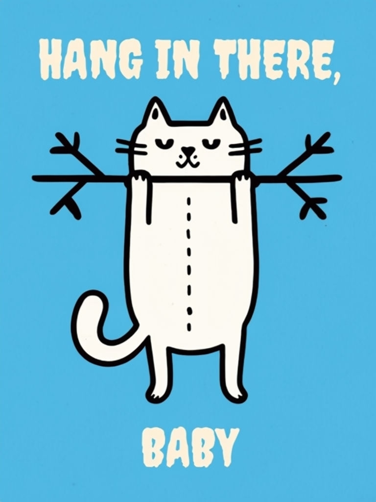 Whimsical White Cat Hanging with 'Hang In There' Message Poster