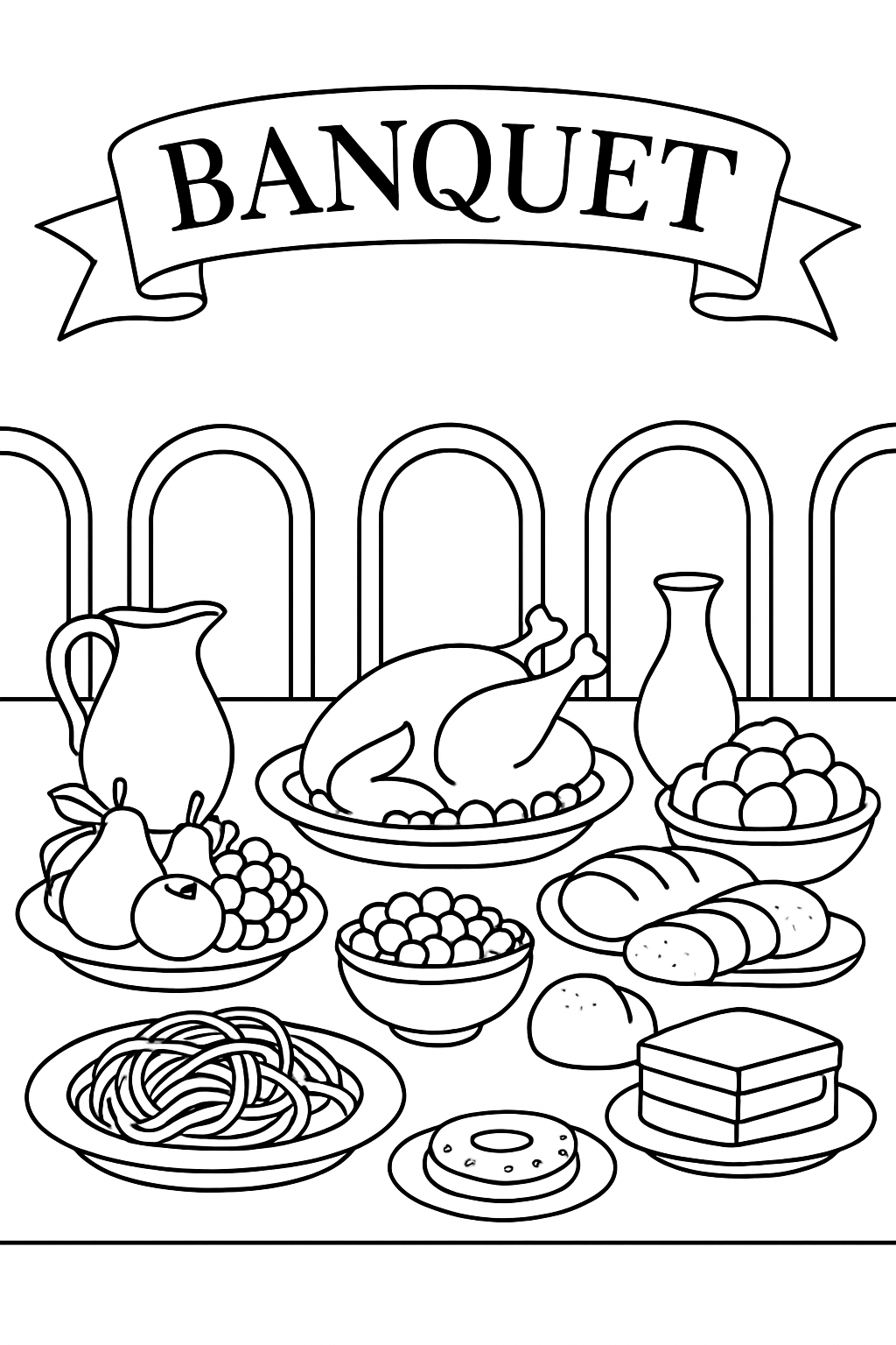 Festive Banquet Table Setting Illustration for Coloring Book Pages