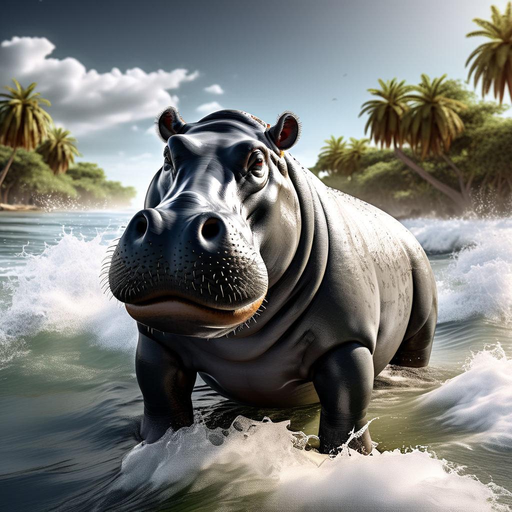 Hippo standing on a surf baord by Phil Whitehurst - Playground