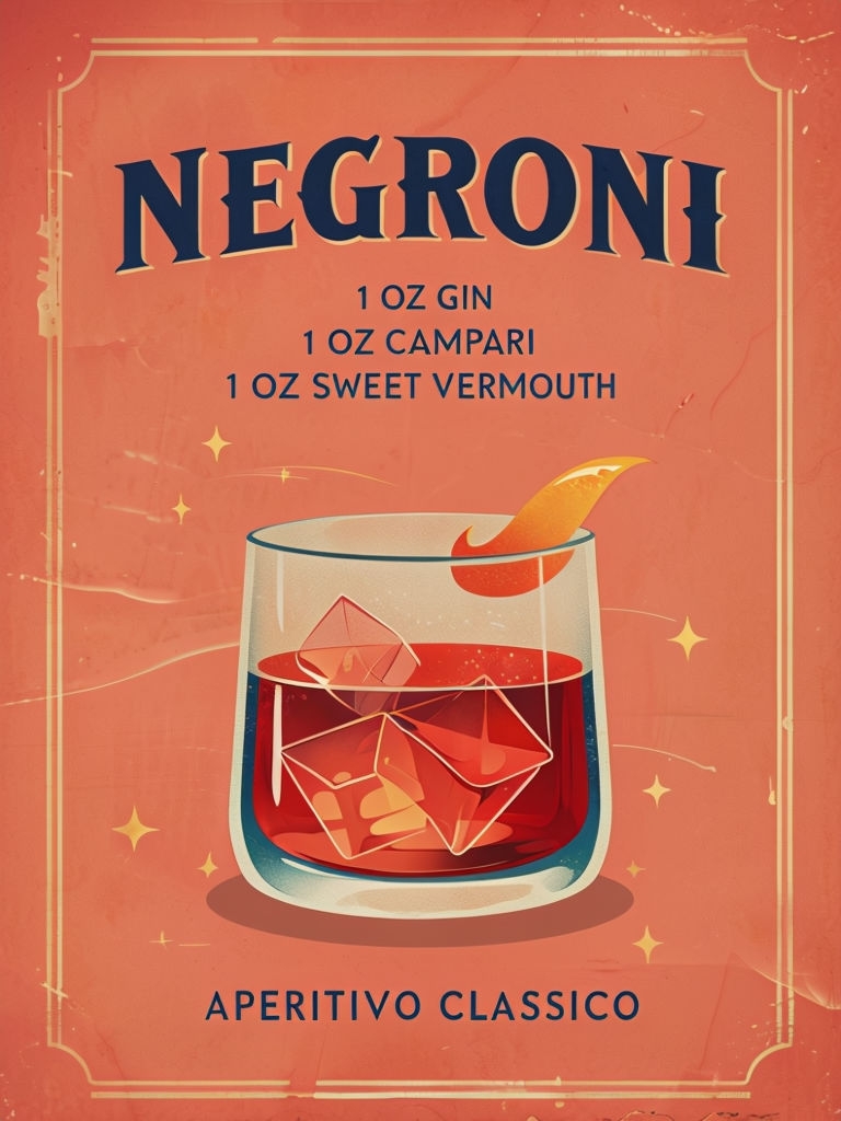 Vintage Negroni Cocktail Recipe Retro Art Poster