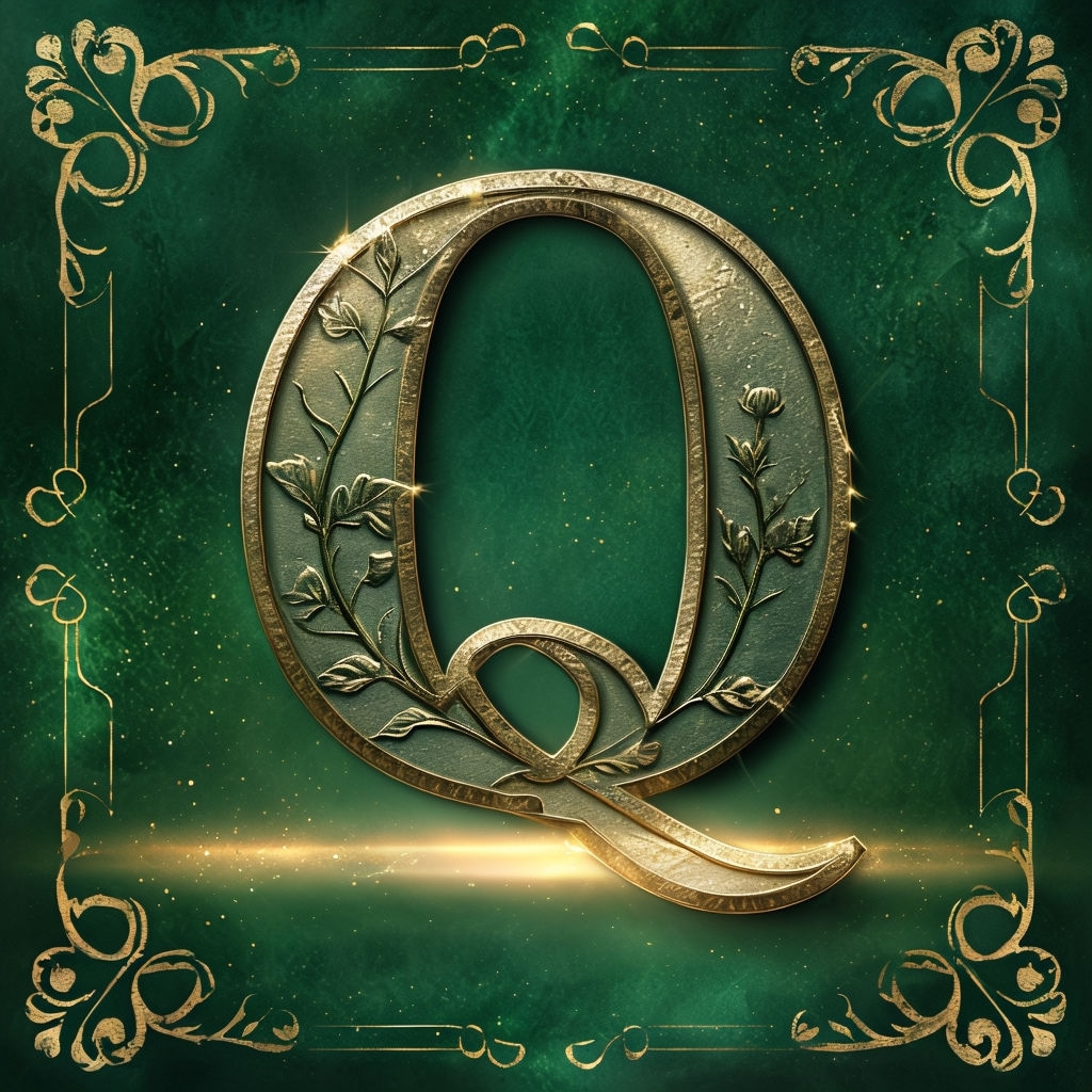 Luxurious Gold Floral Q Monogram Design on Emerald Background Monogram