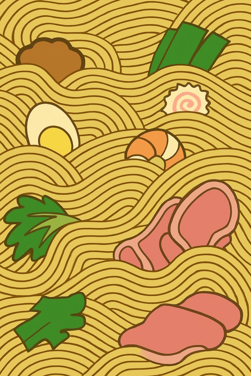 Whimsical Cartoon Food Scene with Golden Noodles Poster