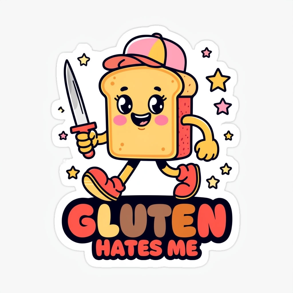 Cheerful Gluten Bread Character with Knife Playful Sticker