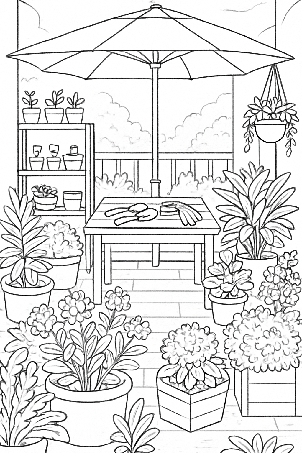 Serene Balcony Garden Scene Line Drawing Coloring Page