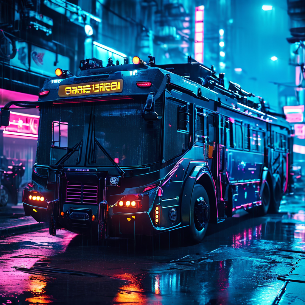 Cyberpunk-themed armored bus equipped with turret stations a... by ...