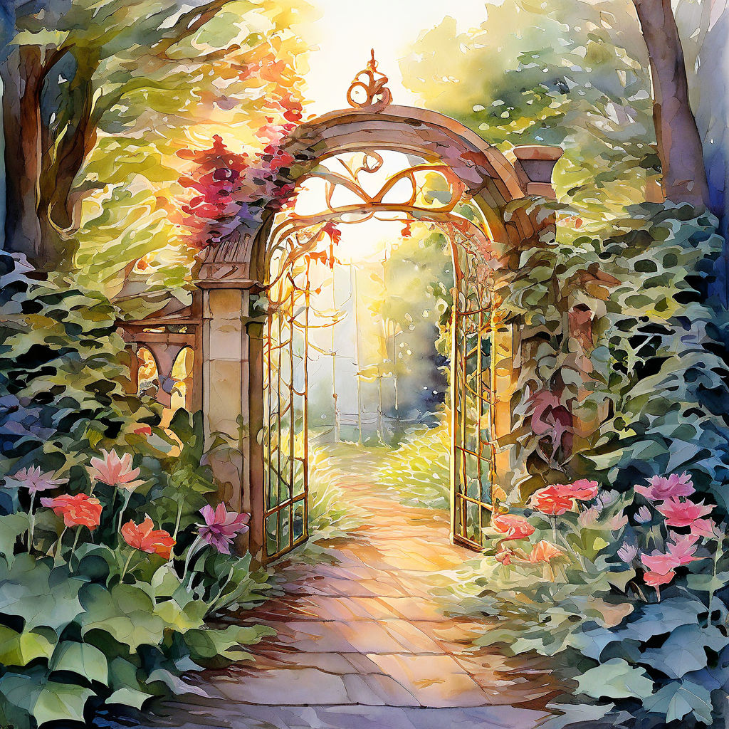 Watercolor of a whimsical garden at dawn by Luke - Playground