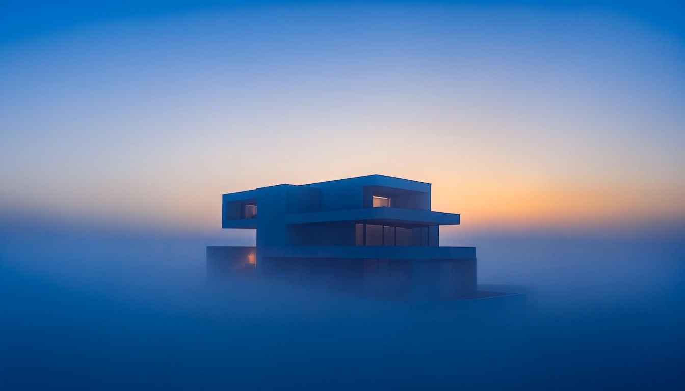 Modern Two-Story House Silhouette at Sunrise Virtual Background