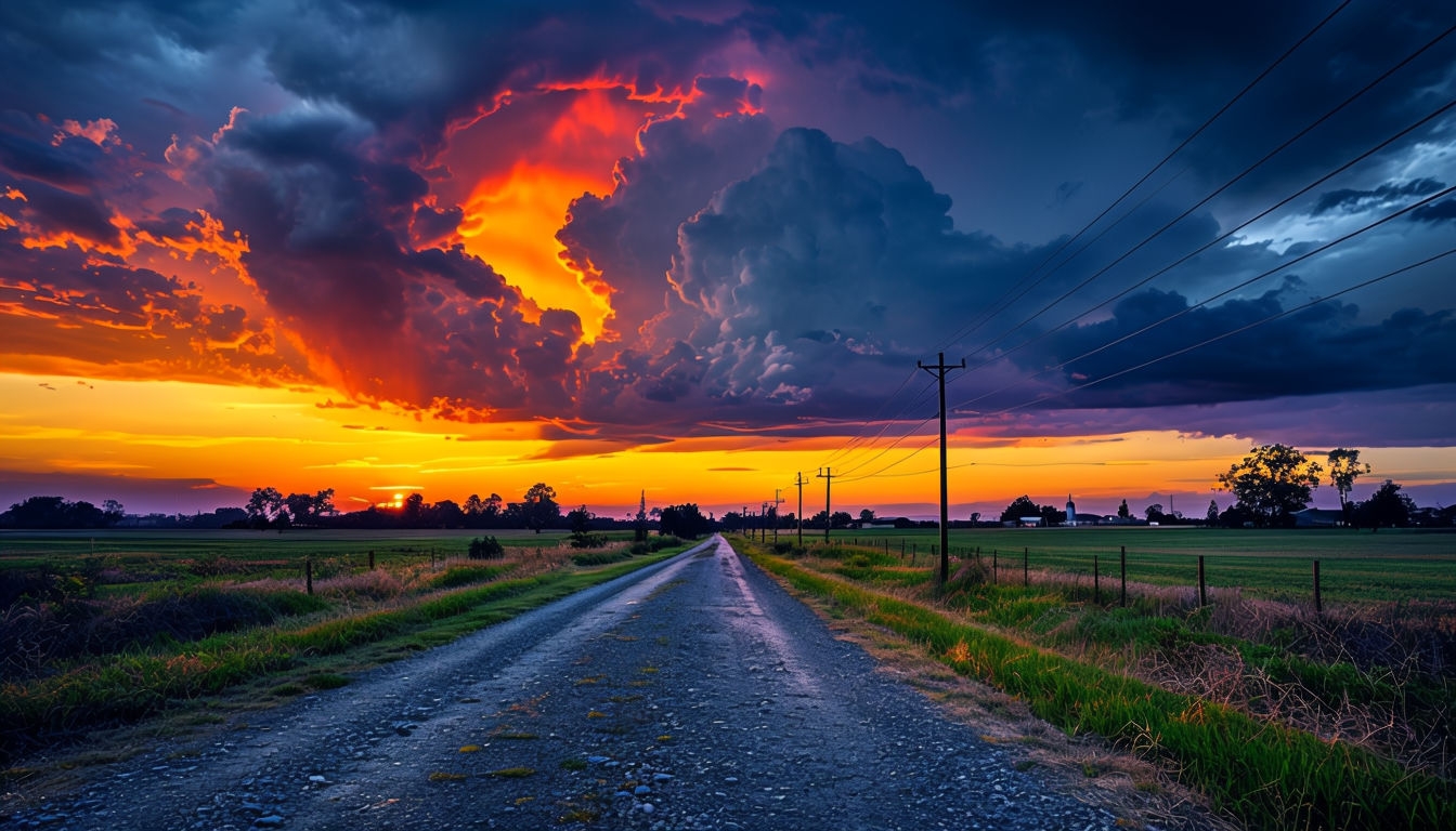 Dramatic Sunset over Rural Landscape Photography Poster