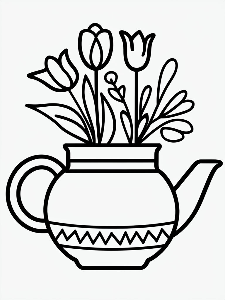 Minimalist Teapot and Floral Arrangement Line Drawing Coloring Book Pages