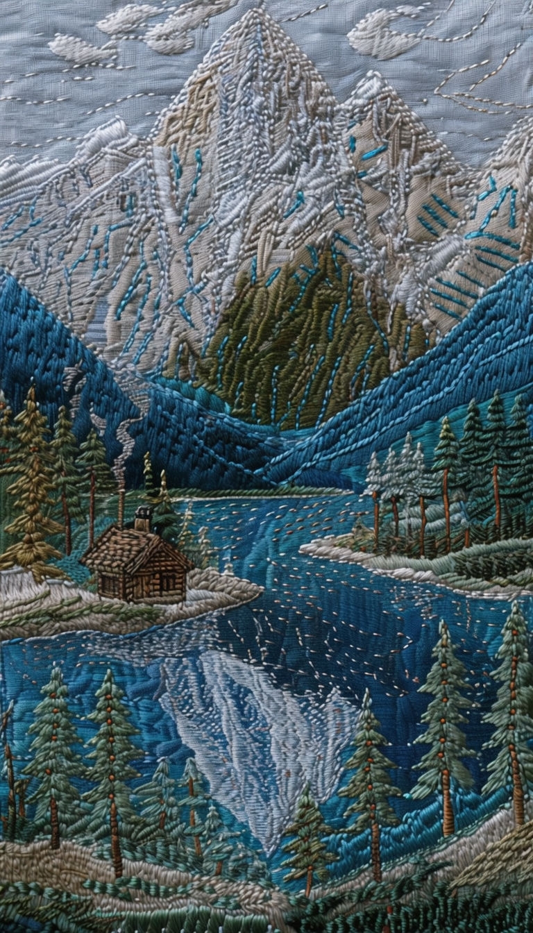 Embroidered Mountain Landscape with Reflective Lake Phone Case Cover
