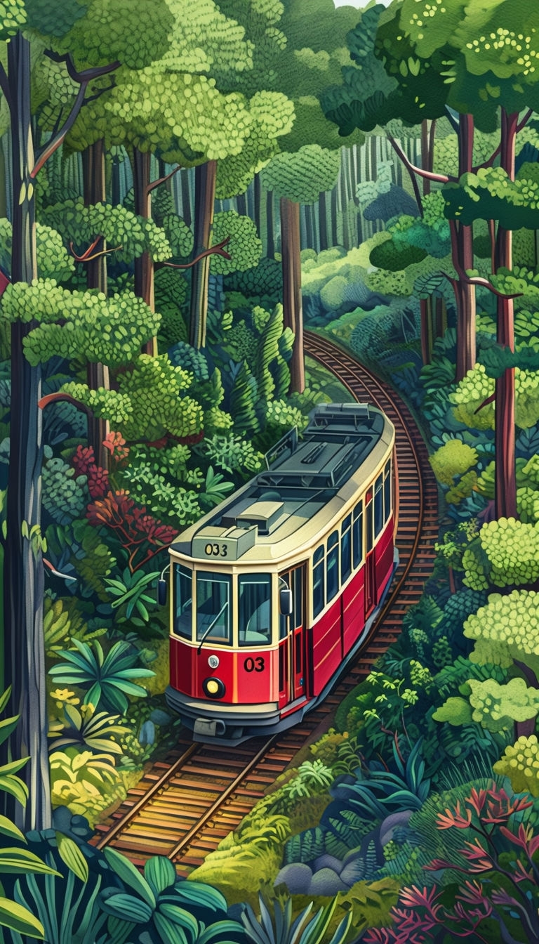 Serene Red Tram Illustration in Lush Forest Landscape Mobile Wallpaper