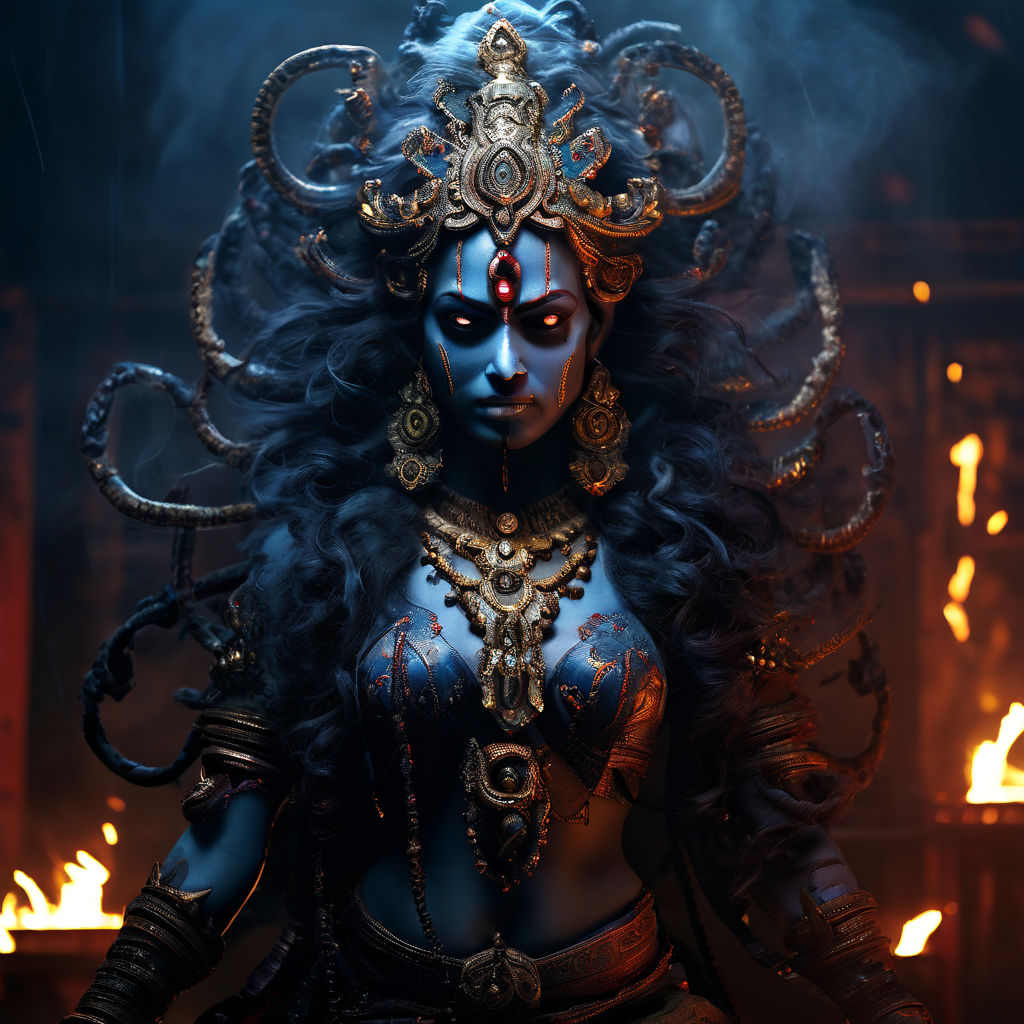 The hindu godess Kali completely nude with puffy nipples and 6 arms