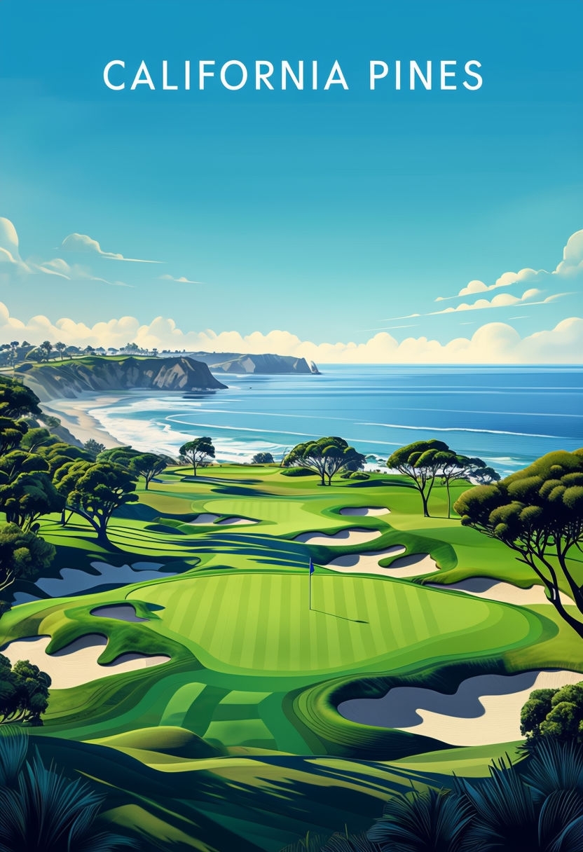 Vibrant Torrey Pines Golf Course Digital Art with Ocean View Poster