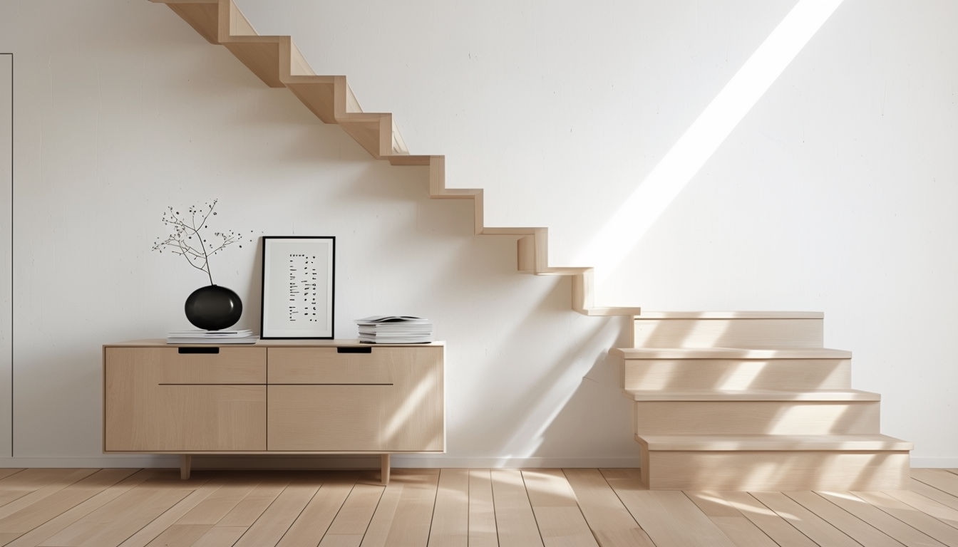 Minimalist Stairway Interior with Light Wood and Natural Light Virtual Backgrounds