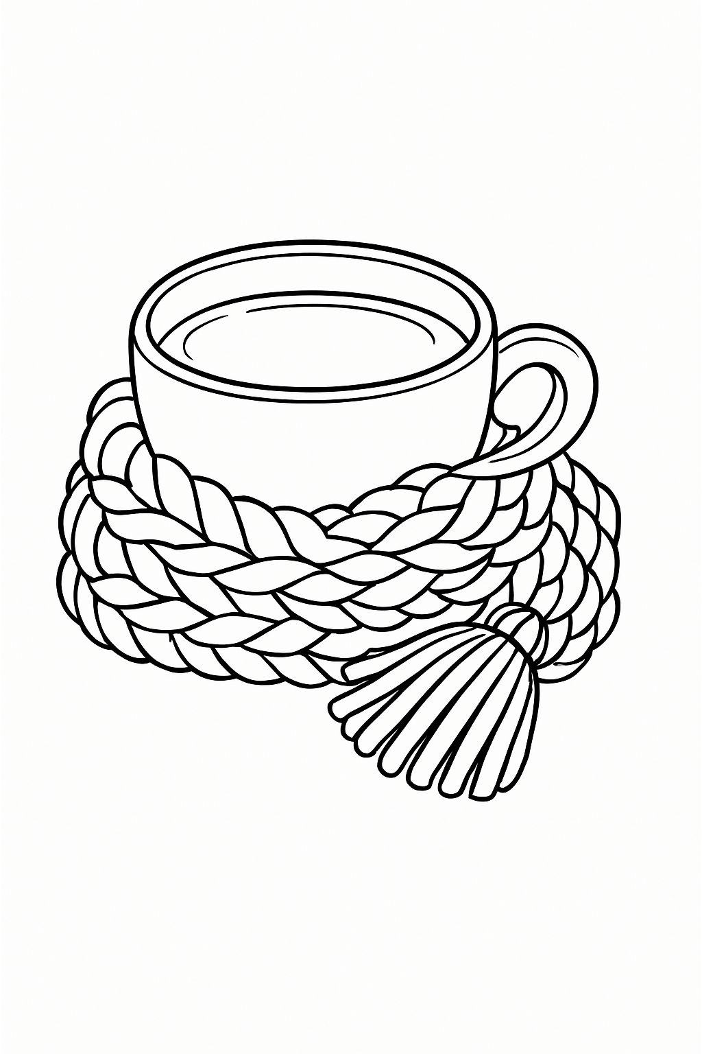 Cozy Cup of Beverage with Braided Scarf Line Drawing Coloring Book Page