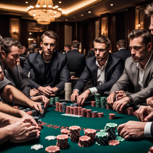 Image of a high-stakes poker game with professional players, luxurious surroundings, and large stacks of chips