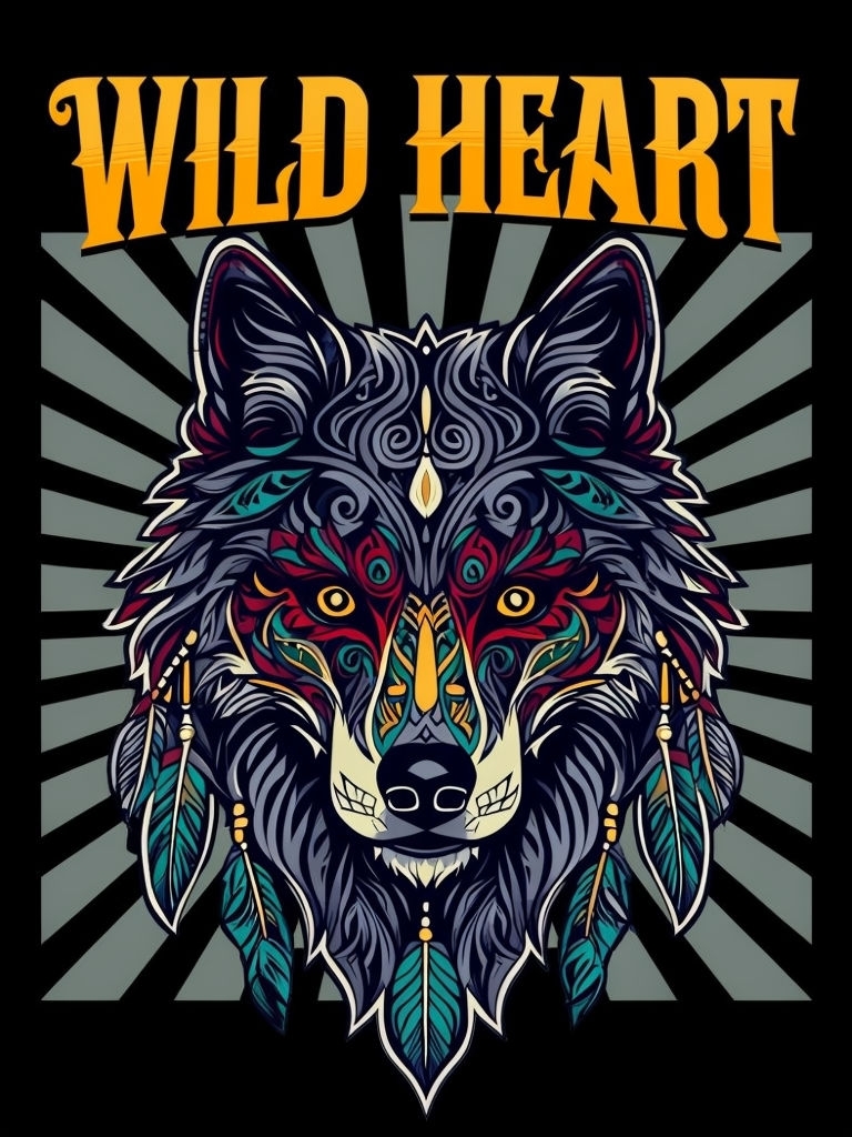 Vibrant Stylized Wolf Head with WILD HEART Design T-Shirt