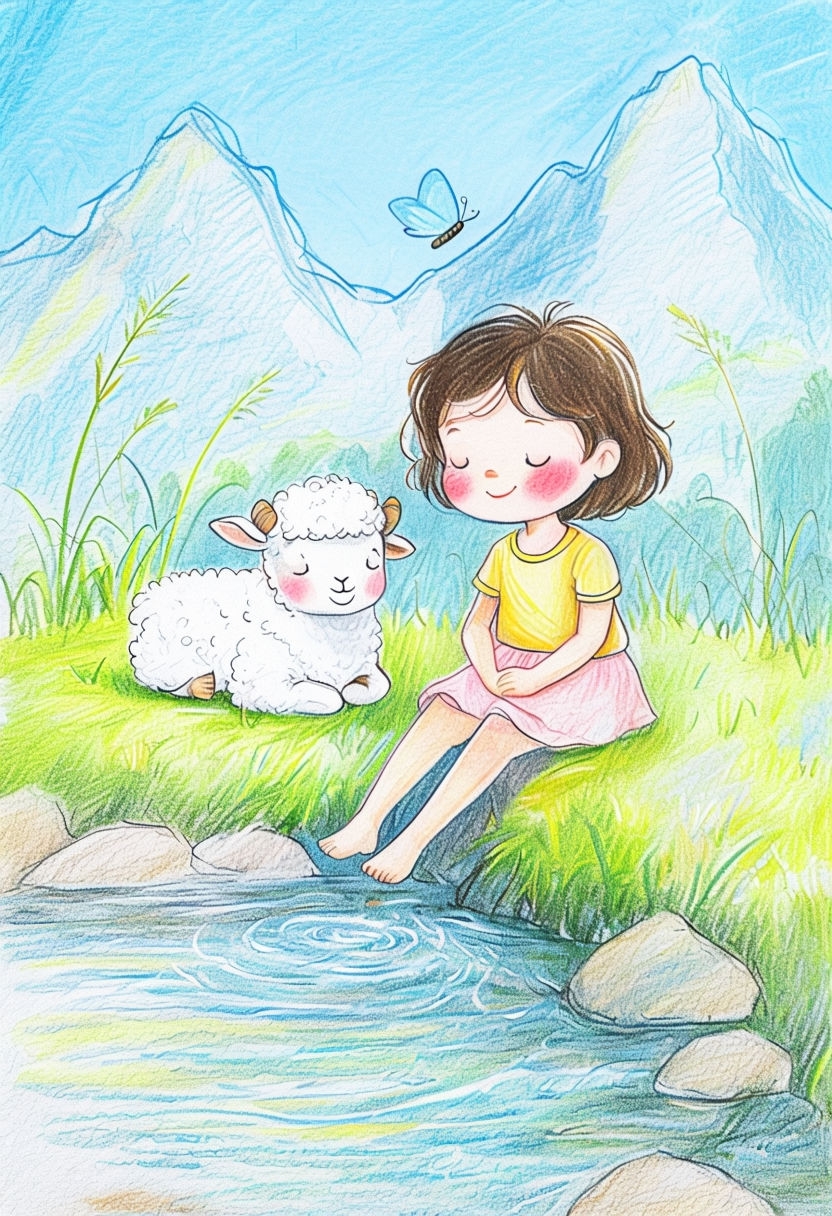 Cheerful Cartoon Girl with Lamb by the Stream Illustration Art