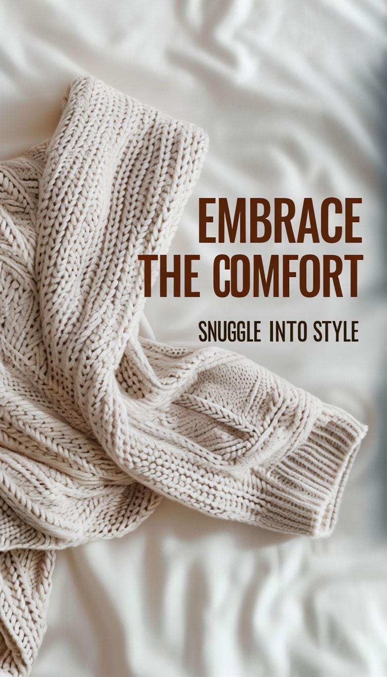 Cozy Chunky Knit Sweater with Embrace the Comfort Text Social Media Post