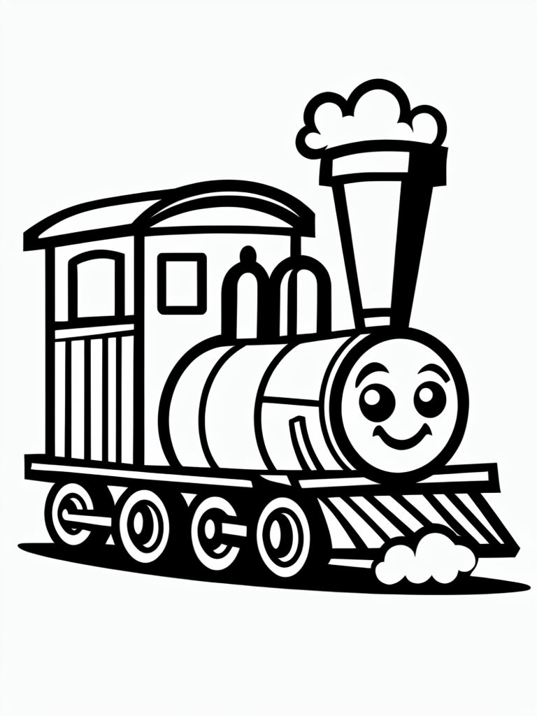 Cheerful Cartoon Steam Engine Line Drawing for Kids Coloring Book Pages