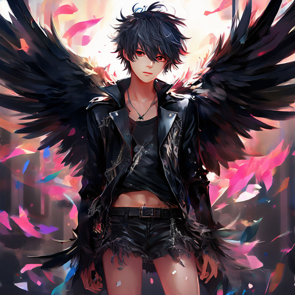 Chibi kawaii anime fallen angel with short long black hair and red eyes