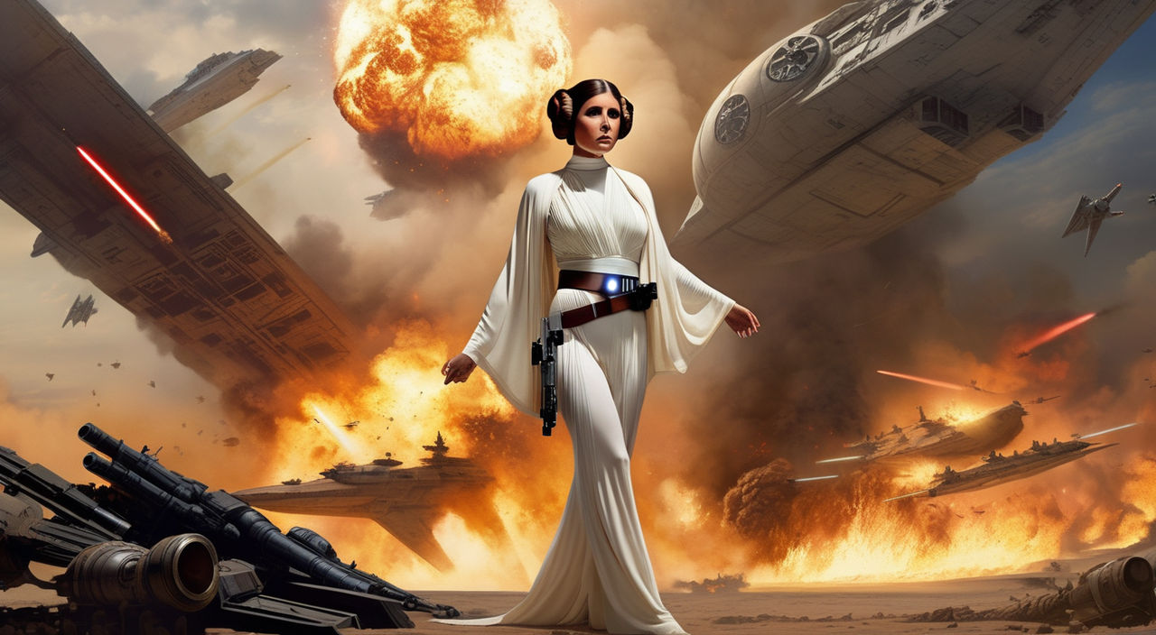 floor-length skirt. --ar 3:2 --v 5 A female model glides down the runway as Princess  Leia Organa