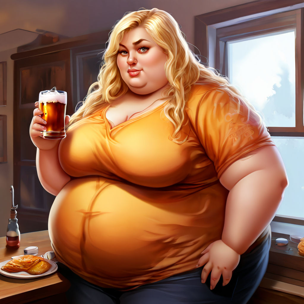 A morbidly fat 700 pound anime girl with a squishy massive belly and blond  hair