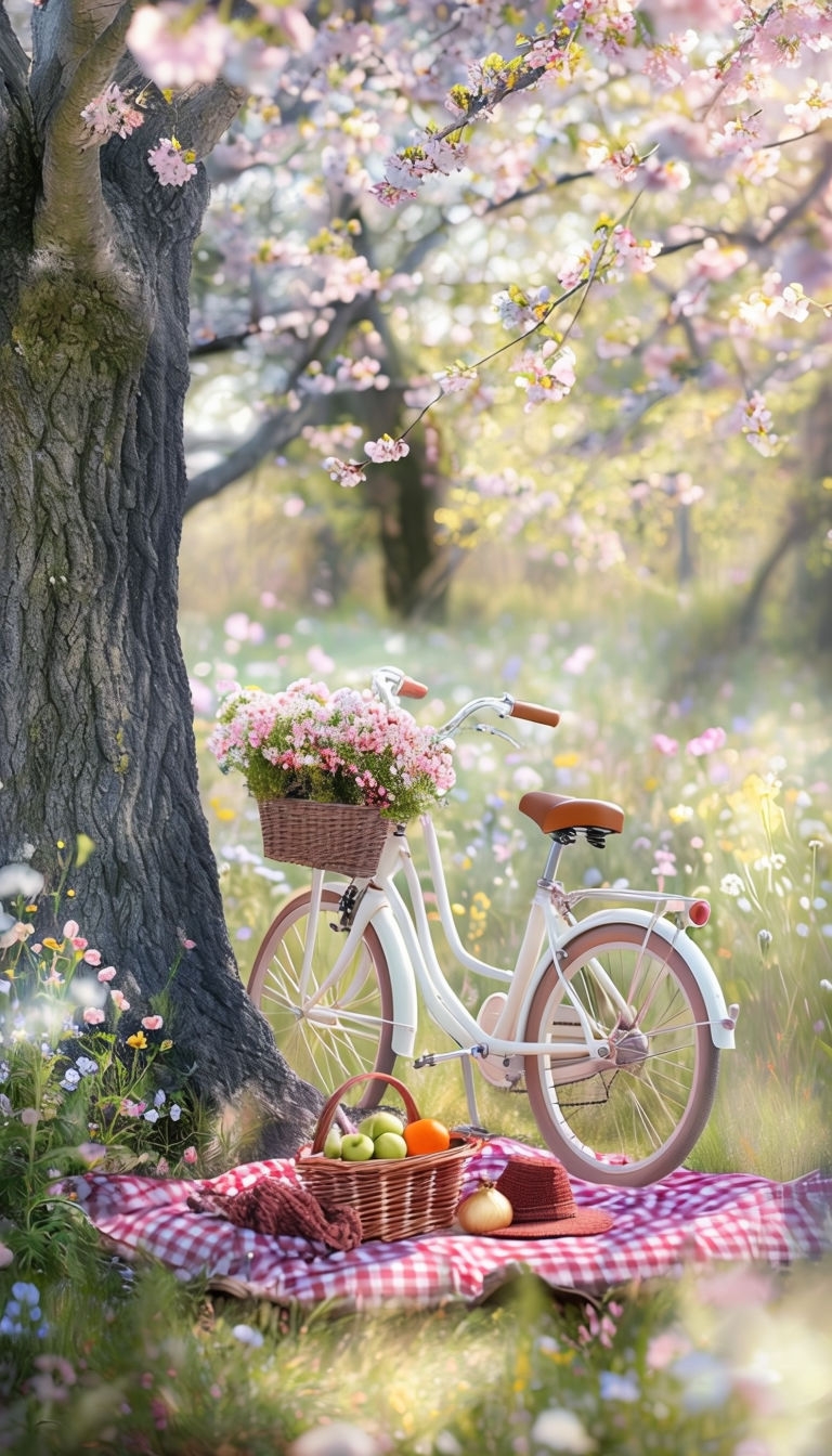 Vintage Bicycle Picnic Scene with Blooming Flowers Mobile Wallpaper