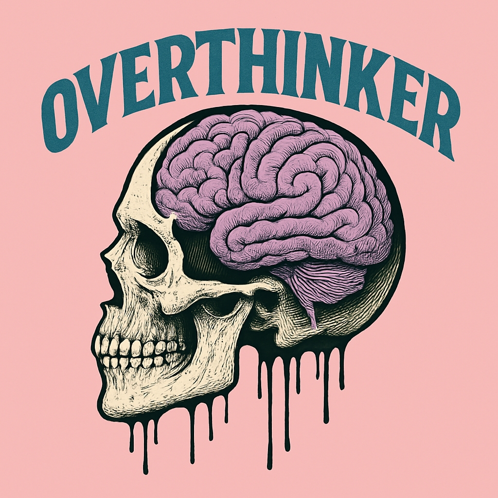 Lavender Brain Inside Skull Illustration with Overthinker Text T-Shirt
