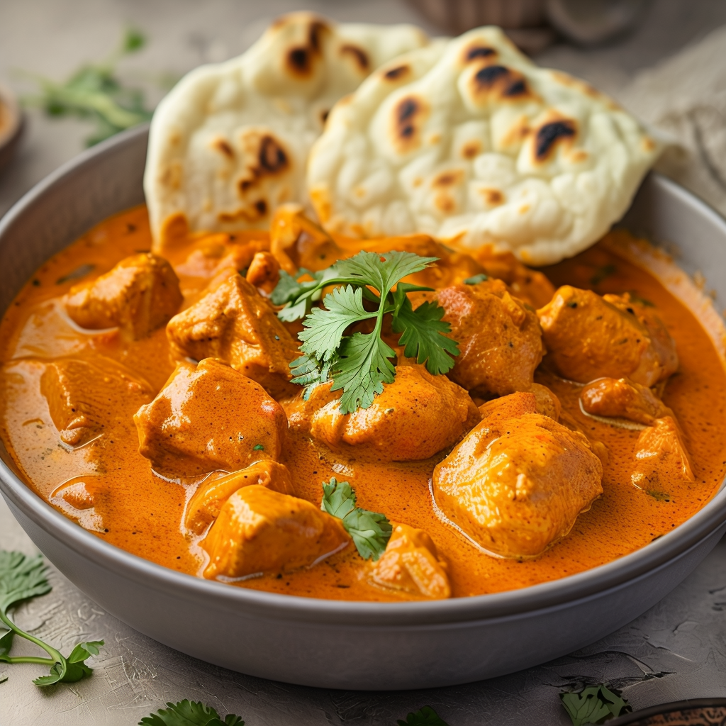 A close-up view of a bowl of creamy butter chicken curry by Kastellen