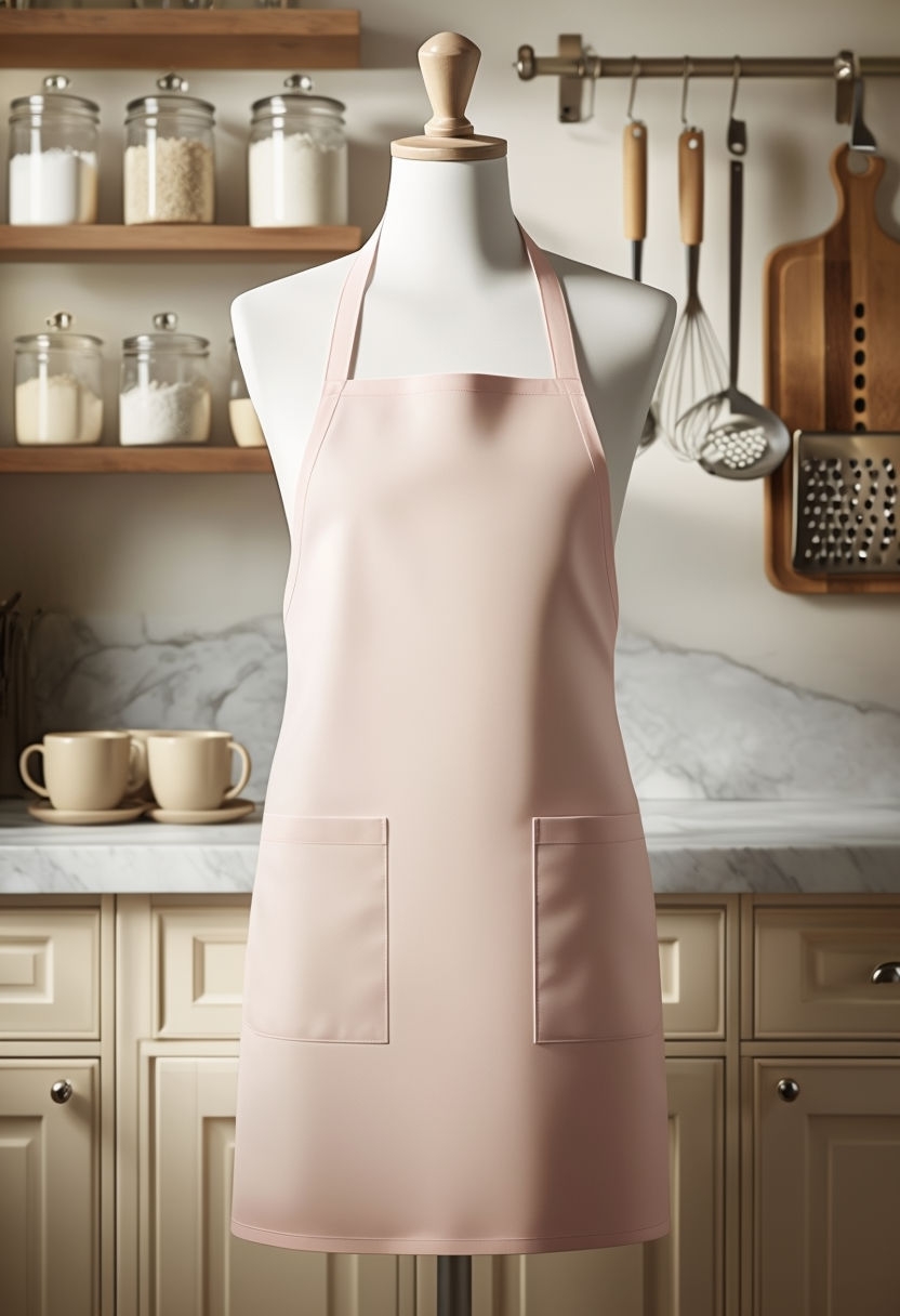 Elegant Pink Apron on White Mannequin in Cozy Kitchen Poster