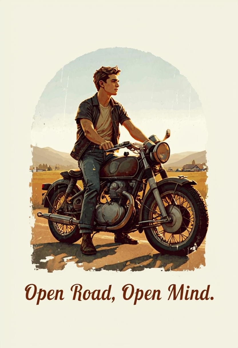 Nostalgic Young Man on Motorcycle T-Shirt Design