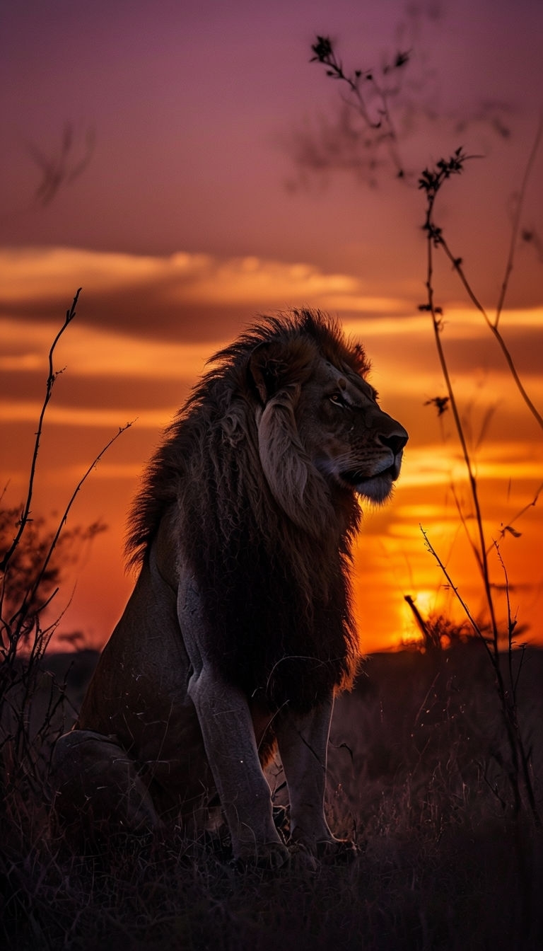 Majestic Lion Silhouette Against Dramatic Sunset Mobile Wallpaper