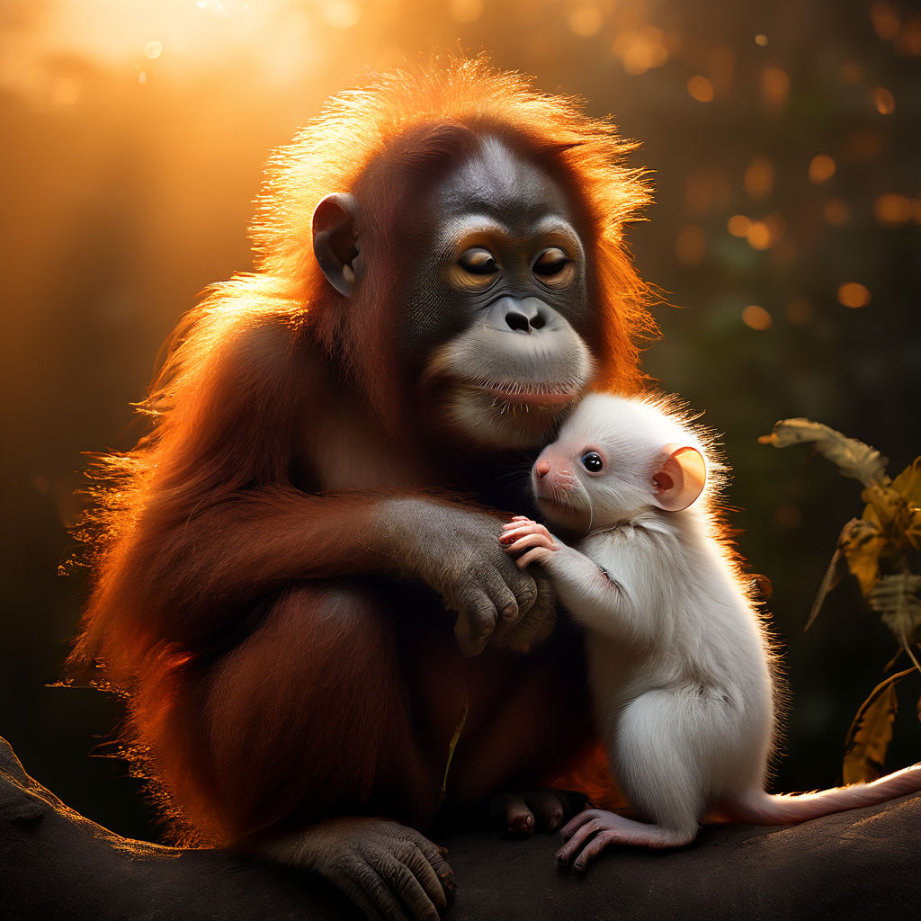 An orangutan and a cute white mouse hugging looking at the s... by ...