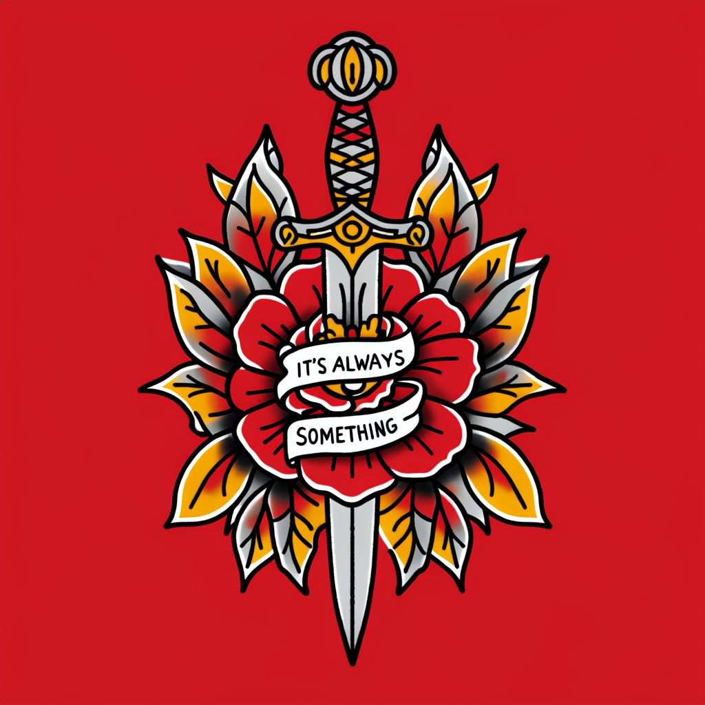 Vibrant Tattoo-Style Illustration of Red Flower and Silver Sword Art