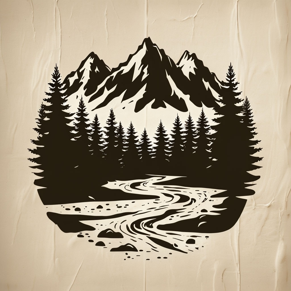 Serene Vintage Outdoor Forest and Mountain Illustration Art