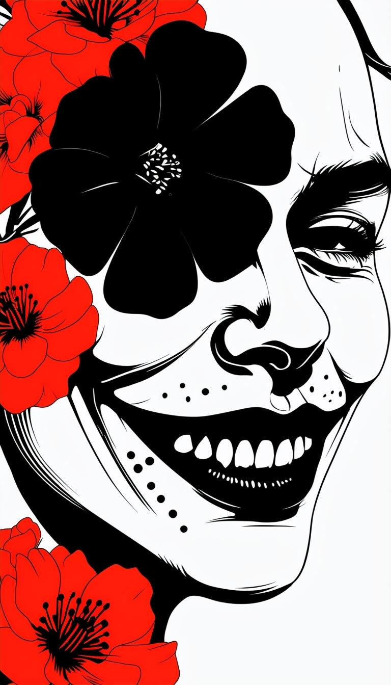 Striking Black and White Human Face with Red Flower Accents Wallpaper